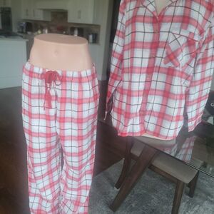 SOLDWomen's XL Set Red & White Plaid Sleepwear. Pockets. 100% Cotton. W